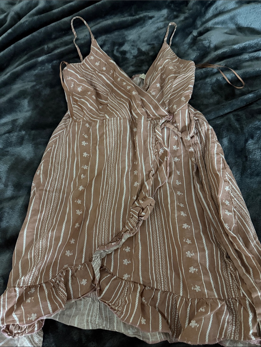 Brown Floral Stripe Wrap mini Dress/tunic with Ruffle Trim